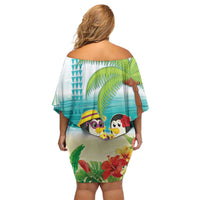 Hawaii Penguin Couple Off Shoulder Short Dress Hawaiian Kakau - Tropical Summer Vibes