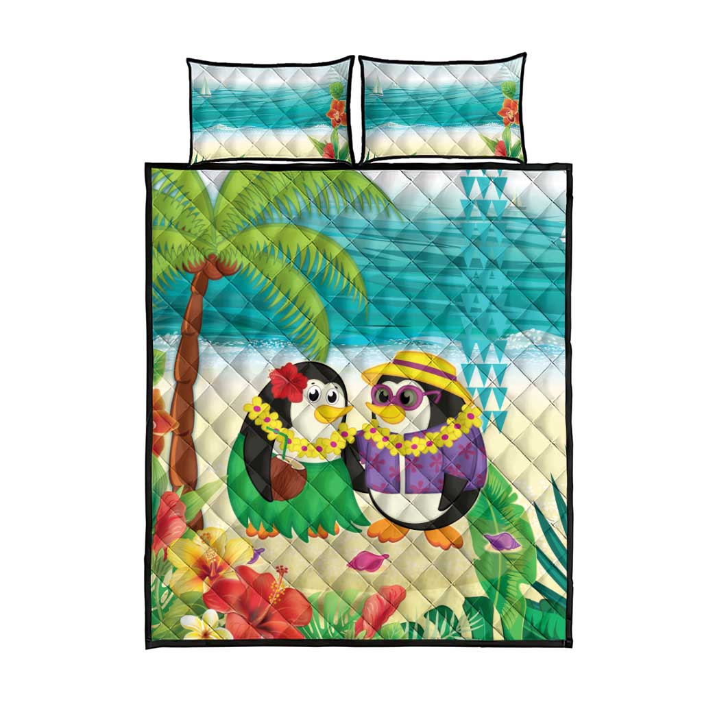 Hawaii Penguin Couple Quilt Bed Set Hawaiian Kakau - Tropical Summer Vibes
