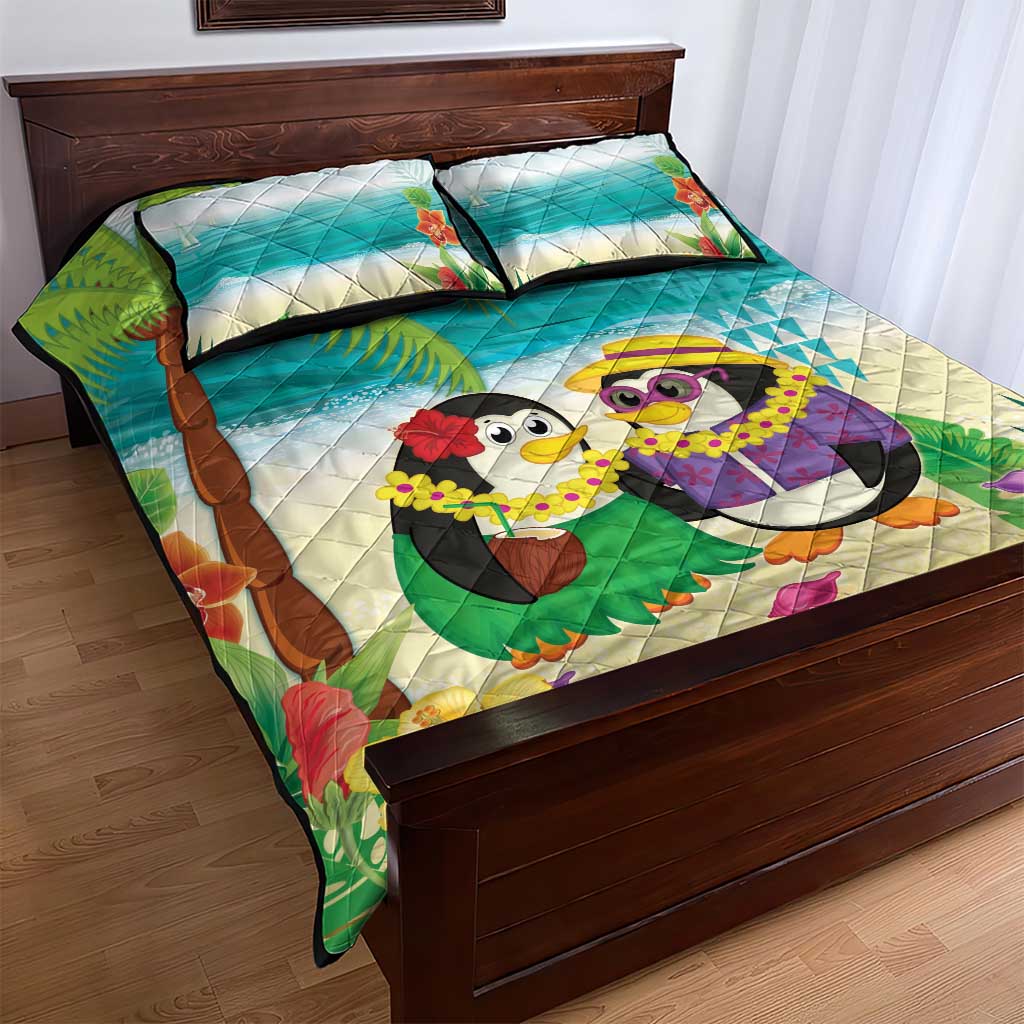 Hawaii Penguin Couple Quilt Bed Set Hawaiian Kakau - Tropical Summer Vibes