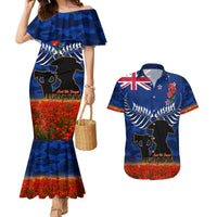 New Zealand ANZAC Day Couples Matching Mermaid Dress and Hawaiian Shirt 25 April Last Post Camouflage With Poppies LT14 Blue - Polynesian Pride