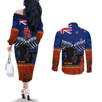 New Zealand ANZAC Day Couples Matching Off The Shoulder Long Sleeve Dress and Long Sleeve Button Shirt 25 April Last Post Camouflage With Poppies LT14 - Polynesian Pride
