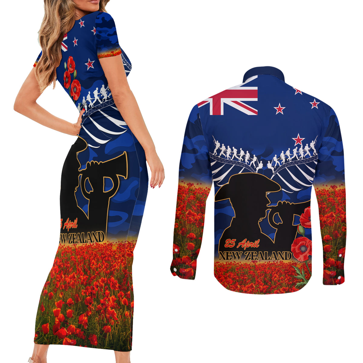 New Zealand ANZAC Day Couples Matching Short Sleeve Bodycon Dress and Long Sleeve Button Shirt 25 April Last Post Camouflage With Poppies LT14 - Polynesian Pride