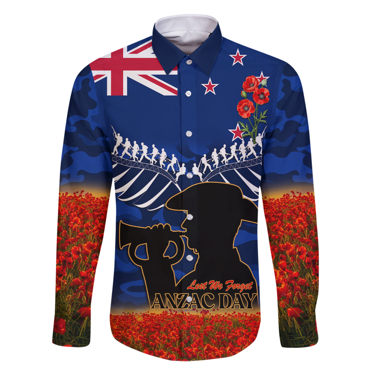 New Zealand ANZAC Day Family Matching Summer Maxi Dress and Hawaiian Shirt 25 April Last Post Camouflage With Poppies LT14 Dad's Shirt - Long Sleeve Blue - Polynesian Pride