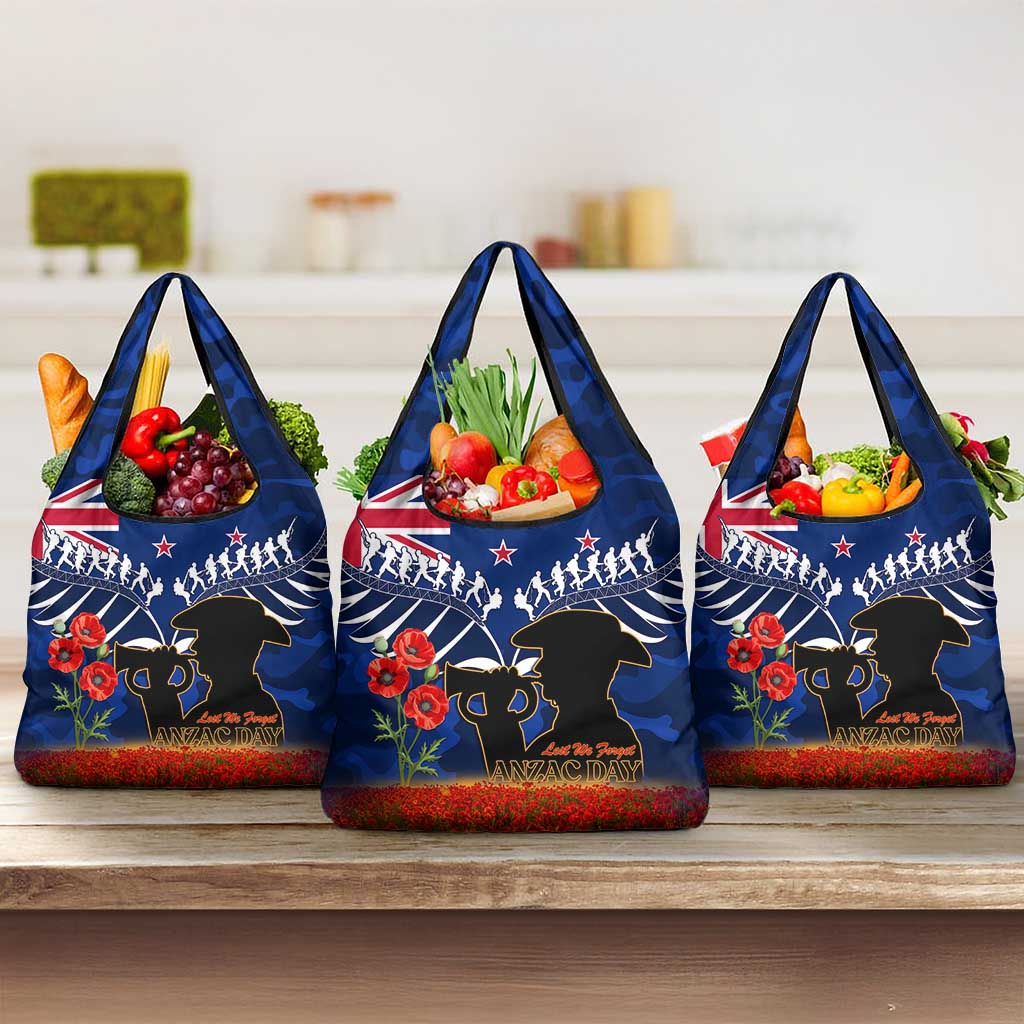 New Zealand ANZAC Day Grocery Bag 25 April Last Post Camouflage With Poppies LT14 3-pack One Size Blue - Polynesian Pride