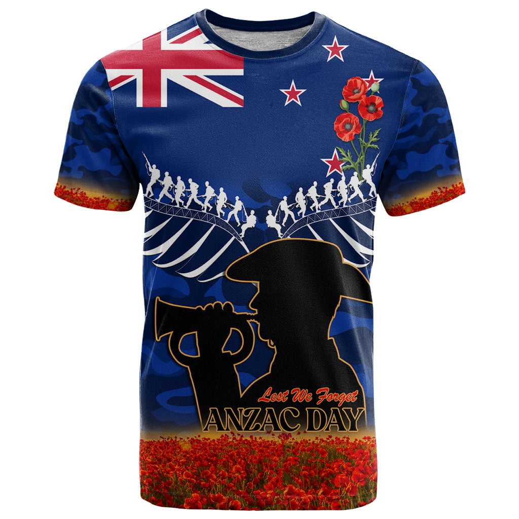 New Zealand ANZAC Day T Shirt 25 April Last Post Camouflage With Poppies LT14 Blue - Polynesian Pride