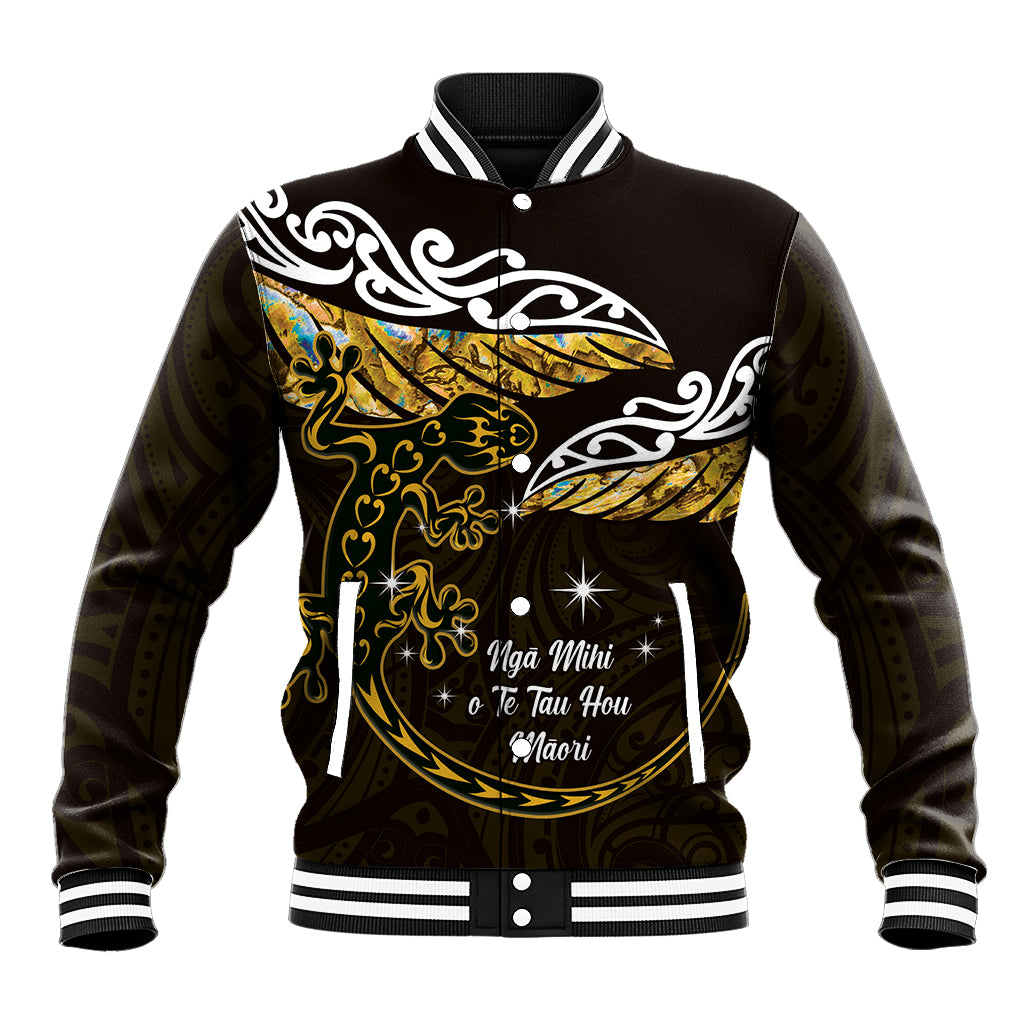 New Zealand Matariki Baseball Jacket Maori New Year Silver Fern And Lizard - Gold LT14 Unisex Gold - Polynesian Pride