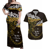 New Zealand Matariki Couples Matching Off Shoulder Maxi Dress and Hawaiian Shirt Maori New Year Silver Fern And Lizard - Gold LT14 Gold - Polynesian Pride