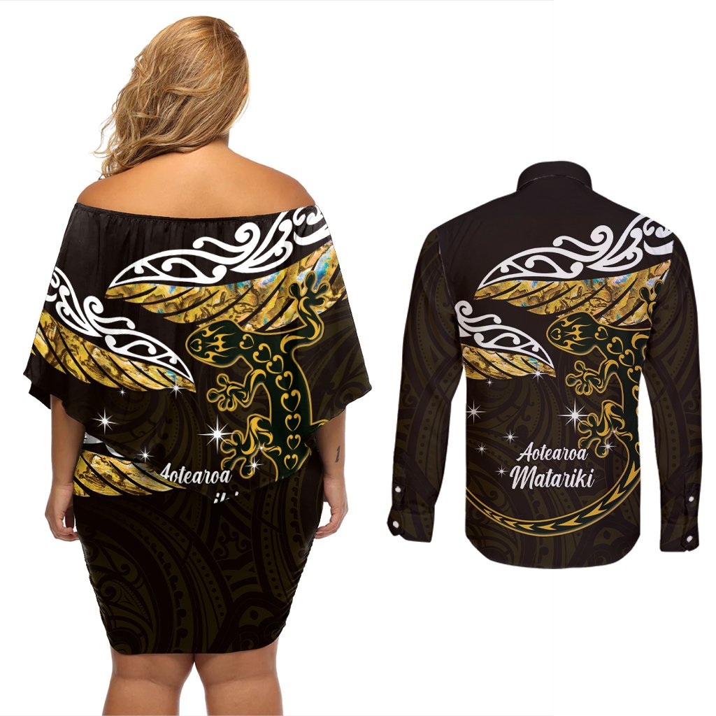 New Zealand Matariki Couples Matching Off Shoulder Short Dress and Long Sleeve Button Shirt Maori New Year Silver Fern And Lizard - Gold LT14 - Polynesian Pride