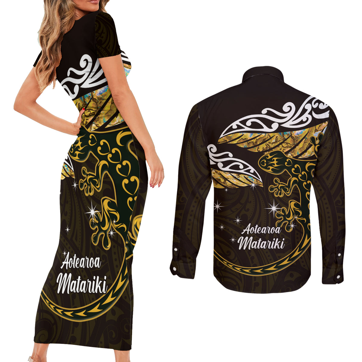 New Zealand Matariki Couples Matching Short Sleeve Bodycon Dress and Long Sleeve Button Shirt Maori New Year Silver Fern And Lizard - Gold LT14 - Polynesian Pride