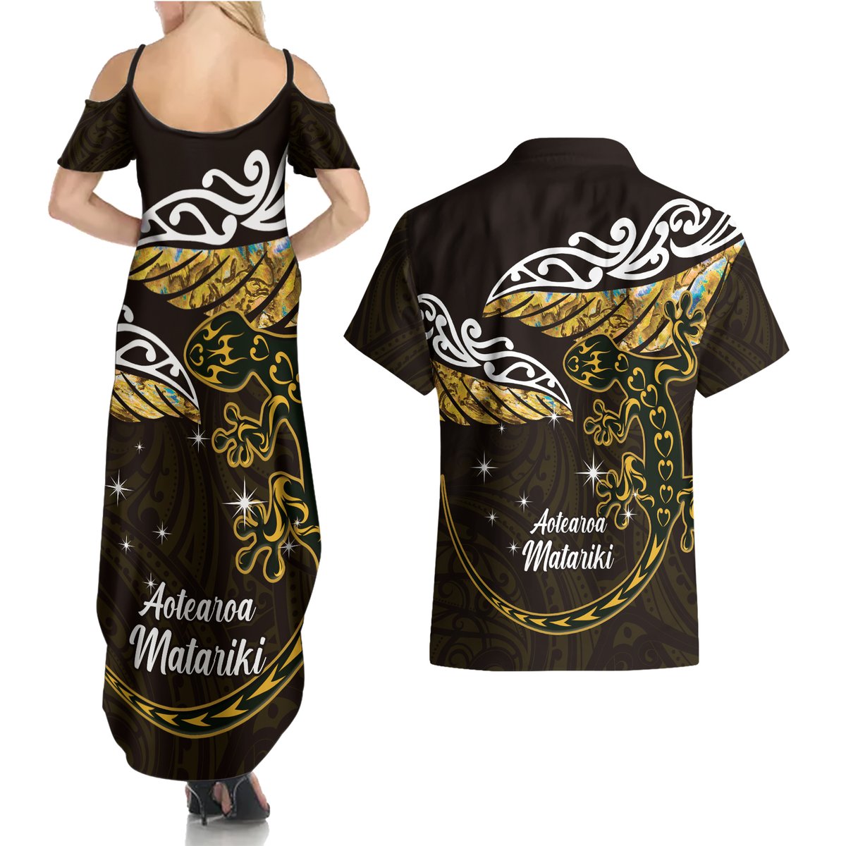 New Zealand Matariki Couples Matching Summer Maxi Dress and Hawaiian Shirt Maori New Year Silver Fern And Lizard - Gold LT14 - Polynesian Pride