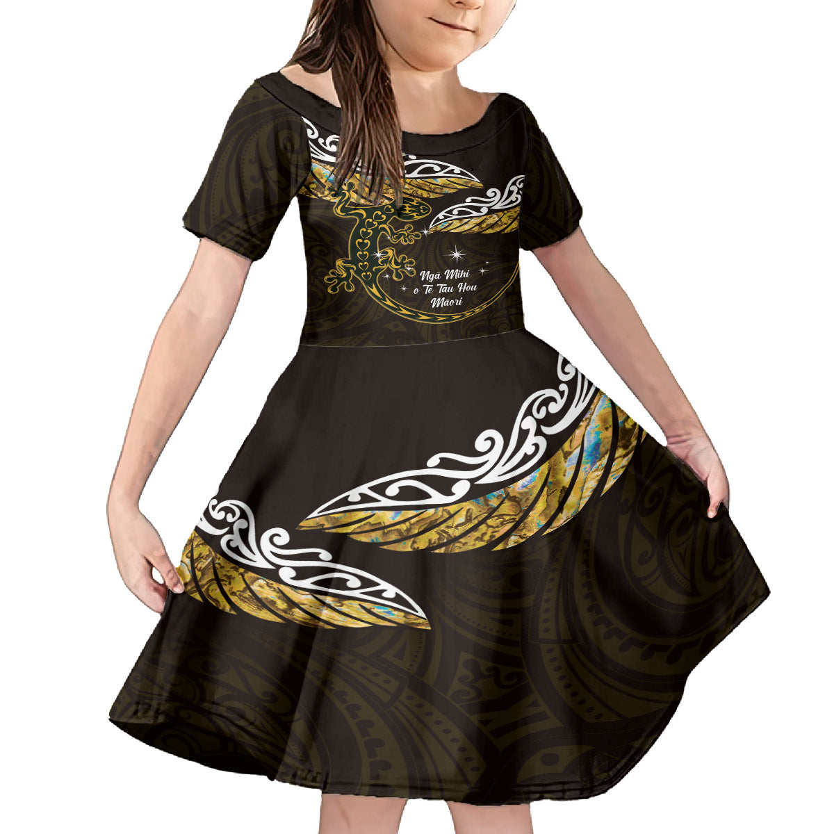 New Zealand Matariki Family Matching Long Sleeve Bodycon Dress and Hawaiian Shirt Maori New Year Silver Fern And Lizard - Gold LT14 Daughter's Dress Gold - Polynesian Pride