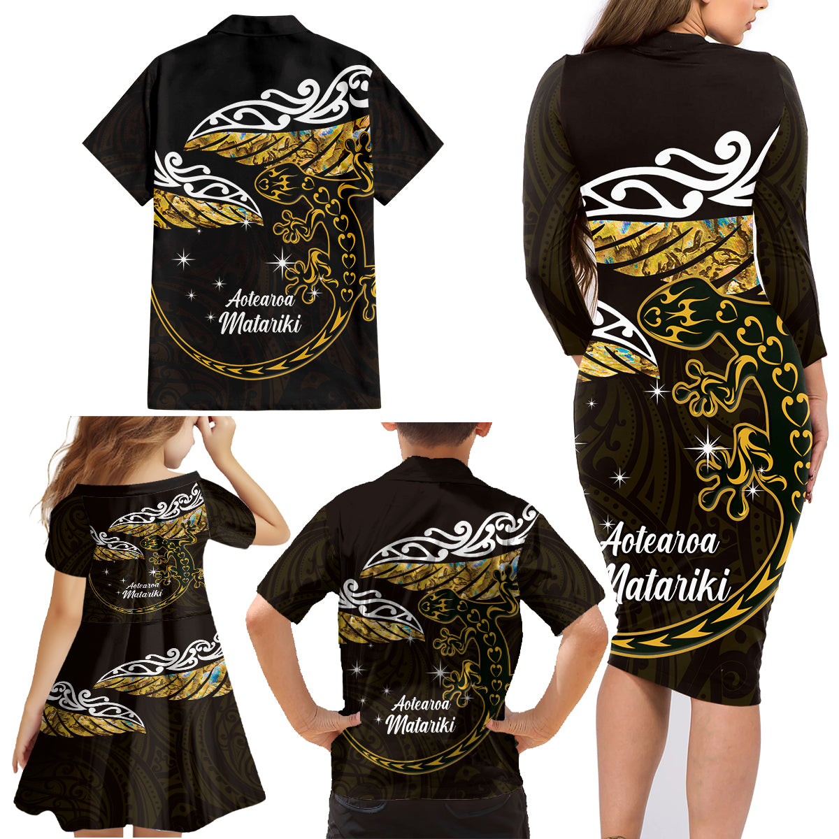 New Zealand Matariki Family Matching Long Sleeve Bodycon Dress and Hawaiian Shirt Maori New Year Silver Fern And Lizard - Gold LT14 - Polynesian Pride