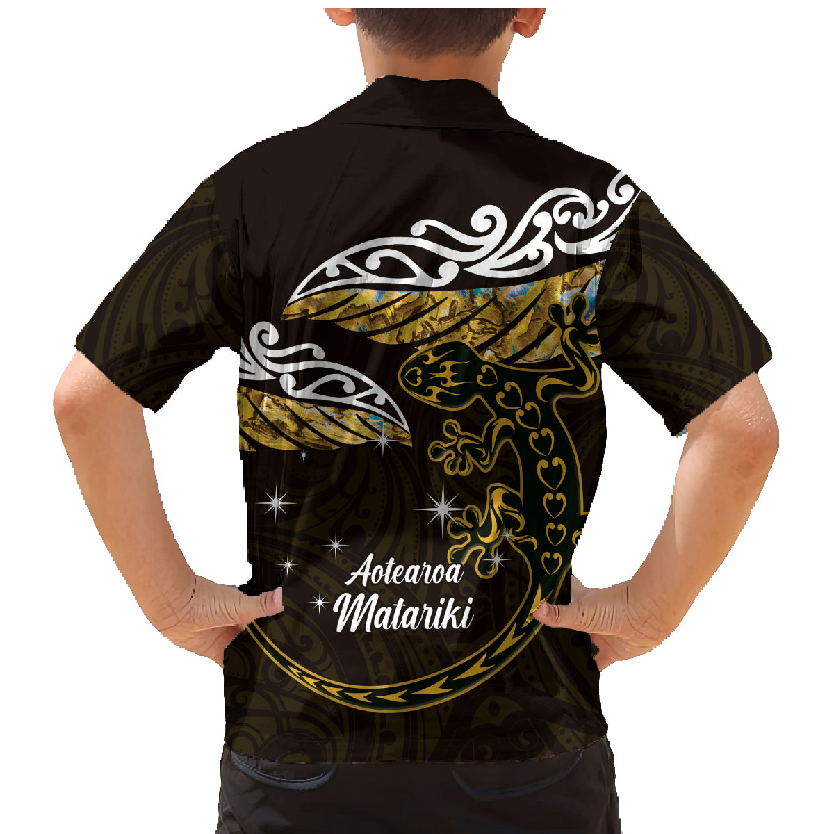 New Zealand Matariki Family Matching Mermaid Dress and Hawaiian Shirt Maori New Year Silver Fern And Lizard - Gold LT14 - Polynesian Pride