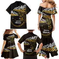 New Zealand Matariki Family Matching Mermaid Dress and Hawaiian Shirt Maori New Year Silver Fern And Lizard - Gold LT14 - Polynesian Pride