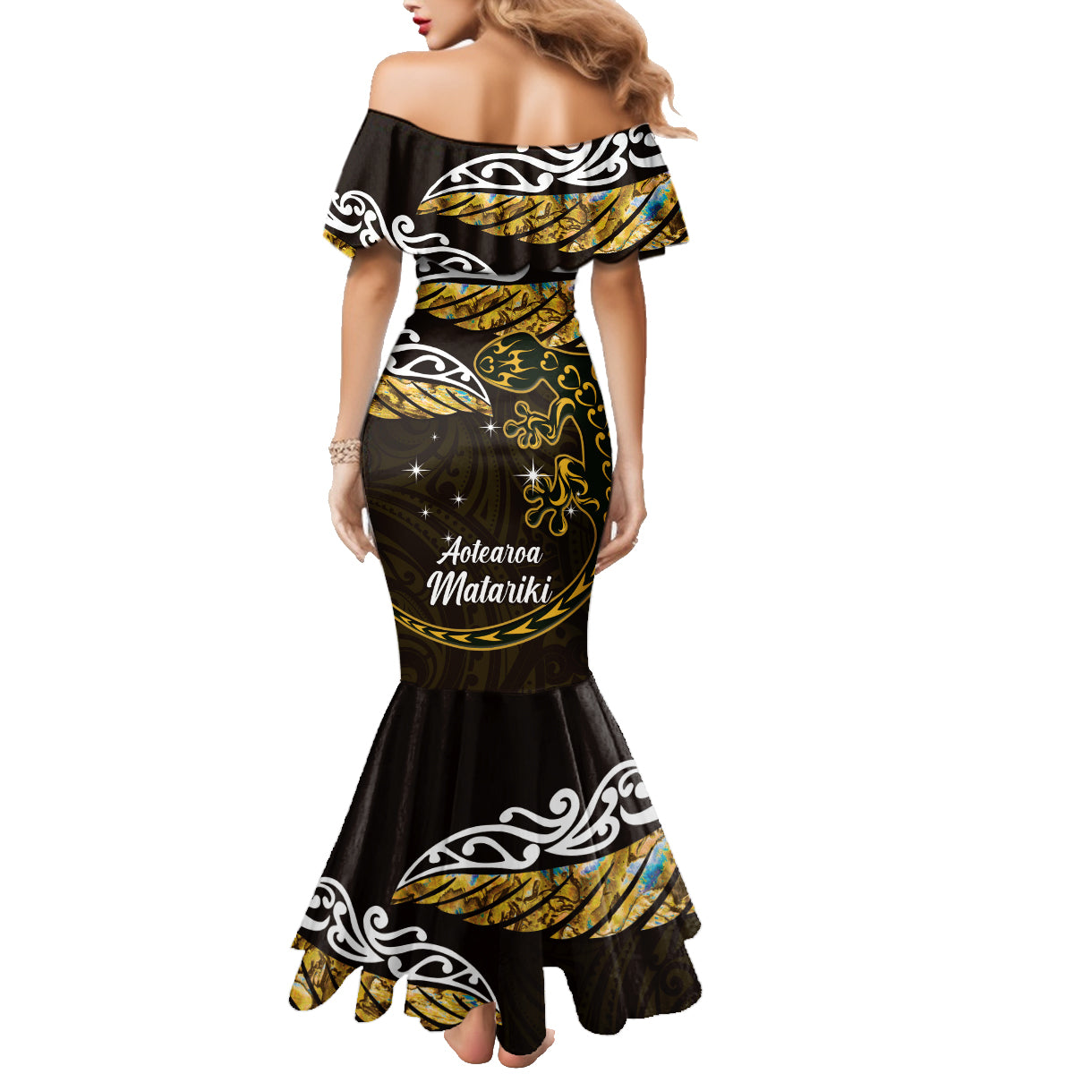 New Zealand Matariki Family Matching Mermaid Dress and Hawaiian Shirt Maori New Year Silver Fern And Lizard - Gold LT14 - Polynesian Pride