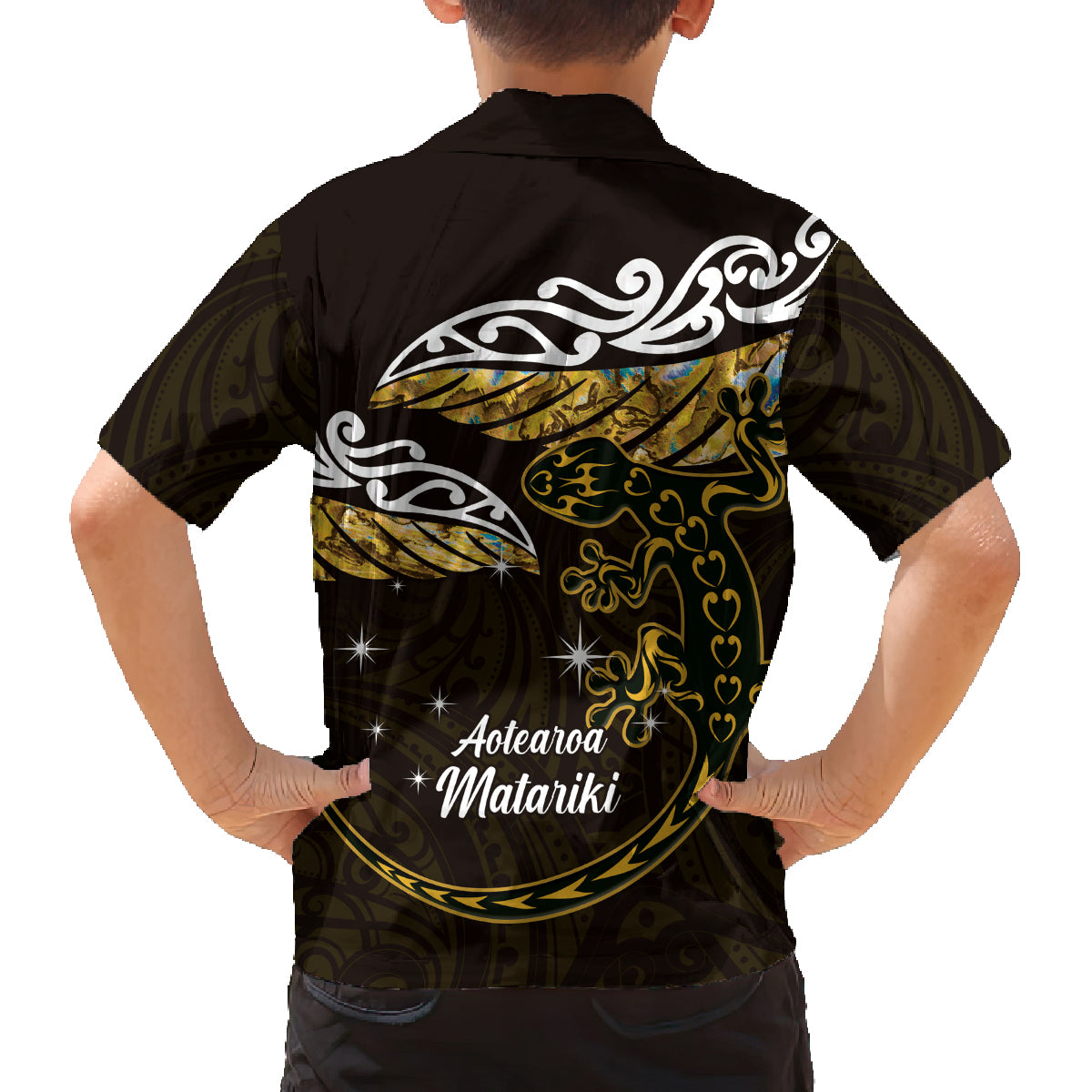 New Zealand Matariki Family Matching Off Shoulder Maxi Dress and Hawaiian Shirt Maori New Year Silver Fern And Lizard - Gold LT14 - Polynesian Pride