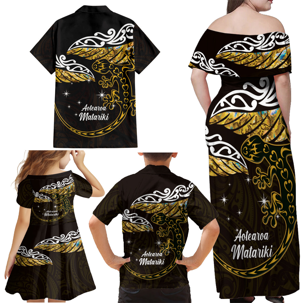 New Zealand Matariki Family Matching Off Shoulder Maxi Dress and Hawaiian Shirt Maori New Year Silver Fern And Lizard - Gold LT14 - Polynesian Pride