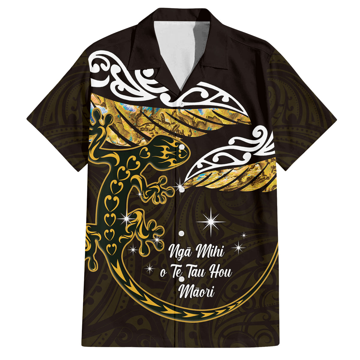 New Zealand Matariki Family Matching Off Shoulder Maxi Dress and Hawaiian Shirt Maori New Year Silver Fern And Lizard - Gold LT14 Dad's Shirt - Short Sleeve Gold - Polynesian Pride