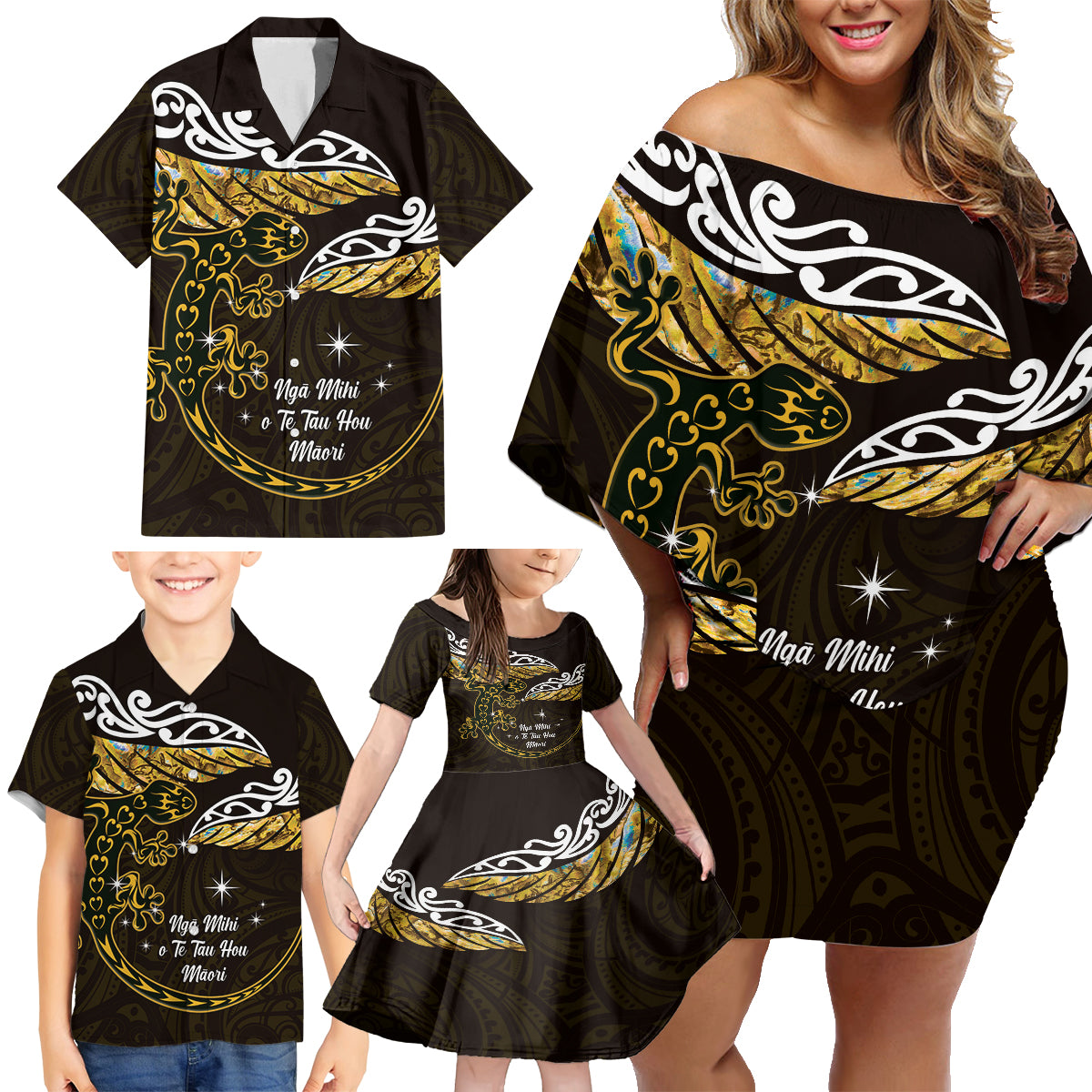 New Zealand Matariki Family Matching Off Shoulder Short Dress and Hawaiian Shirt Maori New Year Silver Fern And Lizard - Gold LT14 - Polynesian Pride