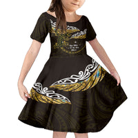 New Zealand Matariki Family Matching Puletasi and Hawaiian Shirt Maori New Year Silver Fern And Lizard - Gold LT14 Daughter's Dress Gold - Polynesian Pride
