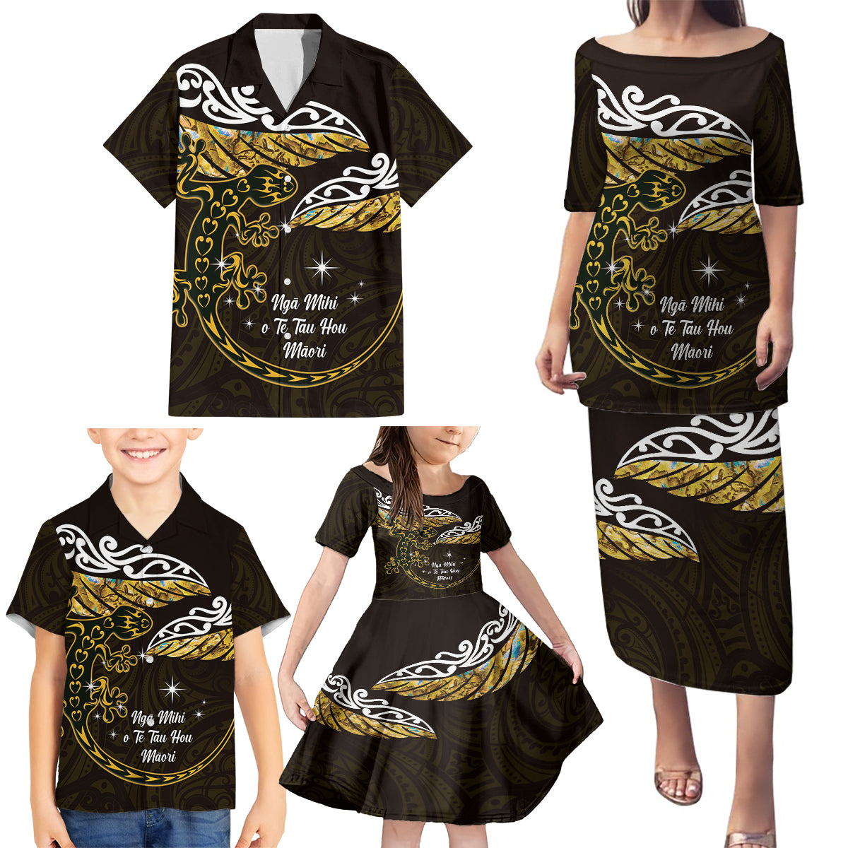 New Zealand Matariki Family Matching Puletasi and Hawaiian Shirt Maori New Year Silver Fern And Lizard - Gold LT14 - Polynesian Pride