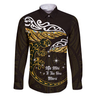 New Zealand Matariki Family Matching Puletasi and Hawaiian Shirt Maori New Year Silver Fern And Lizard - Gold LT14 Dad's Shirt - Long Sleeve Gold - Polynesian Pride