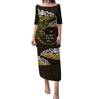 New Zealand Matariki Family Matching Puletasi and Hawaiian Shirt Maori New Year Silver Fern And Lizard - Gold LT14 Mom's Dress Gold - Polynesian Pride