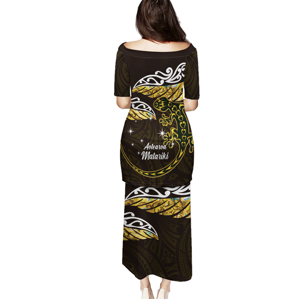 New Zealand Matariki Family Matching Puletasi and Hawaiian Shirt Maori New Year Silver Fern And Lizard - Gold LT14 - Polynesian Pride