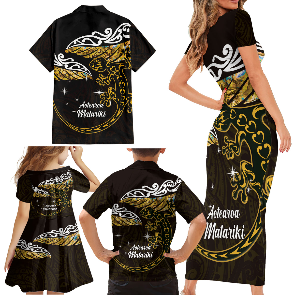 New Zealand Matariki Family Matching Short Sleeve Bodycon Dress and Hawaiian Shirt Maori New Year Silver Fern And Lizard - Gold LT14 - Polynesian Pride
