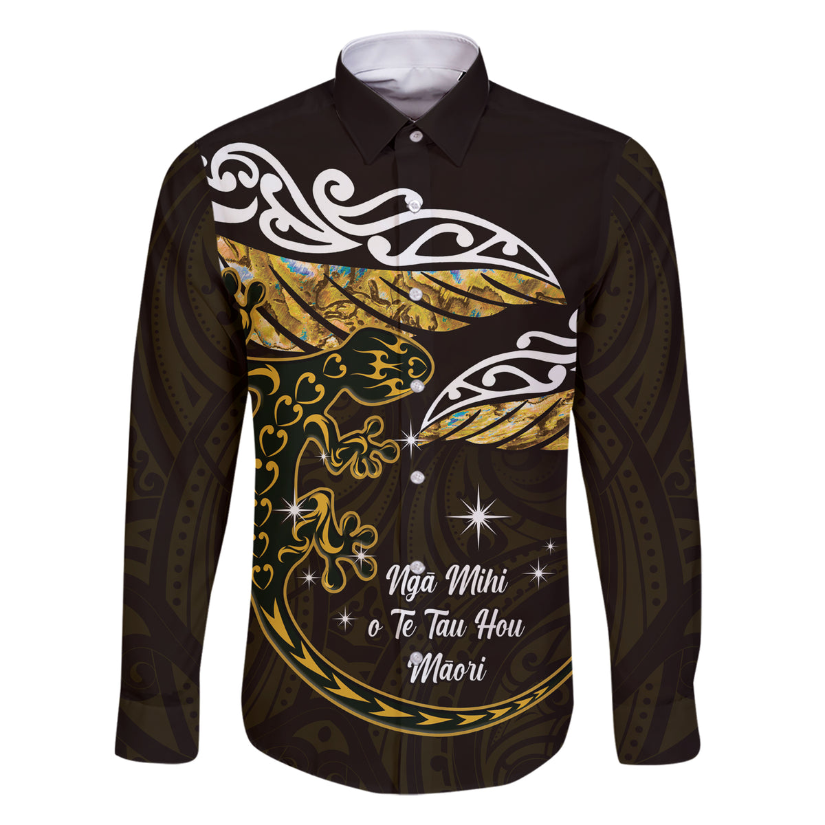 New Zealand Matariki Family Matching Short Sleeve Bodycon Dress and Hawaiian Shirt Maori New Year Silver Fern And Lizard - Gold LT14 Dad's Shirt - Long Sleeve Gold - Polynesian Pride