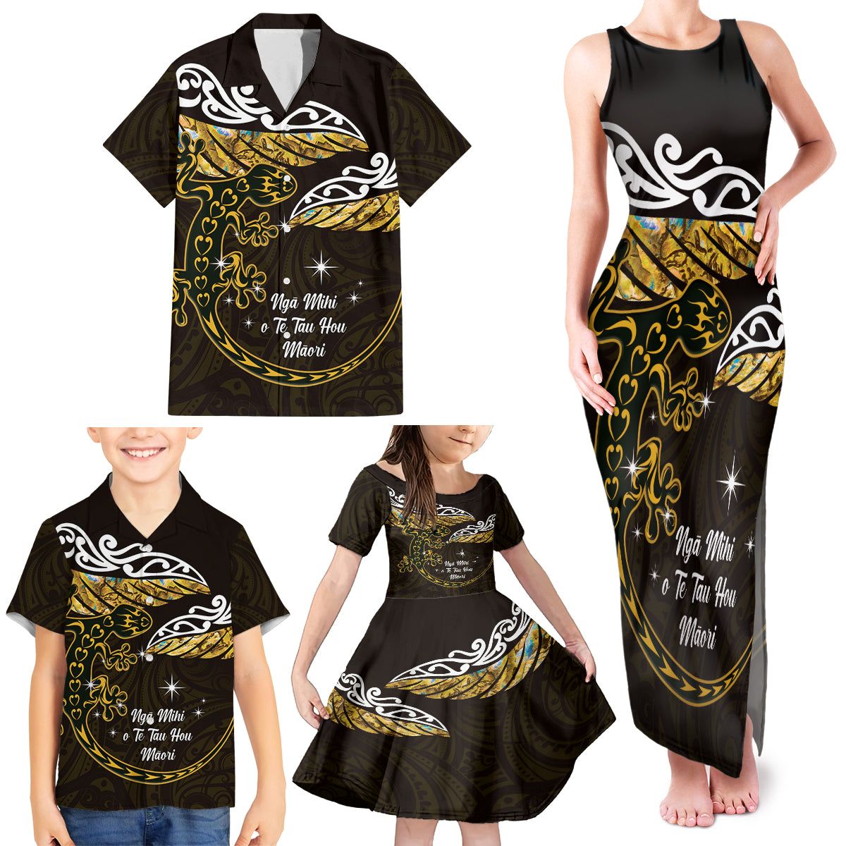 New Zealand Matariki Family Matching Tank Maxi Dress and Hawaiian Shirt Maori New Year Silver Fern And Lizard - Gold LT14 - Polynesian Pride