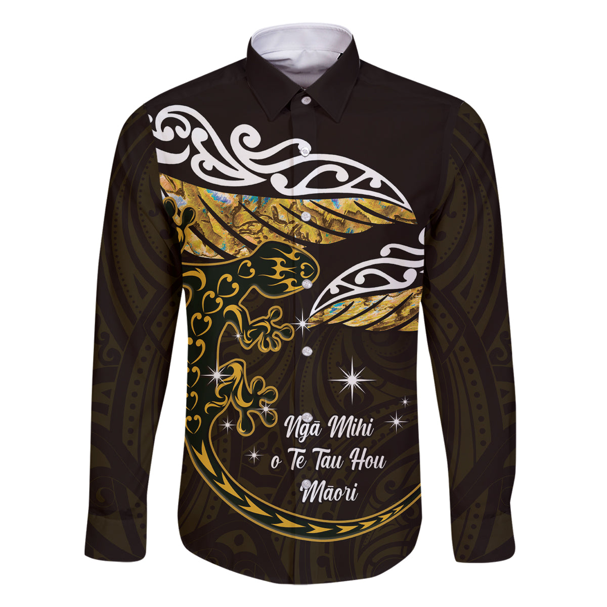 New Zealand Matariki Family Matching Tank Maxi Dress and Hawaiian Shirt Maori New Year Silver Fern And Lizard - Gold LT14 Dad's Shirt - Long Sleeve Gold - Polynesian Pride