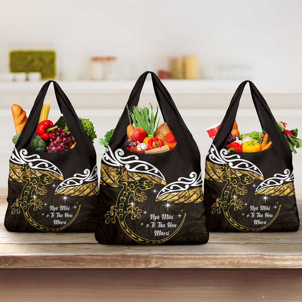 New Zealand Matariki Grocery Bag Maori New Year Silver Fern And Lizard - Gold LT14 3-pack One Size Gold - Polynesian Pride