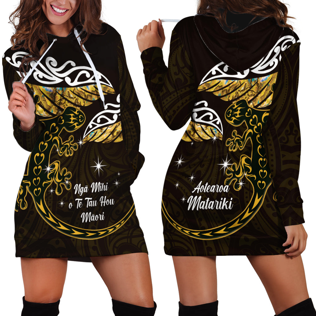 New Zealand Matariki Hoodie Dress Maori New Year Silver Fern And Lizard - Gold LT14 - Polynesian Pride
