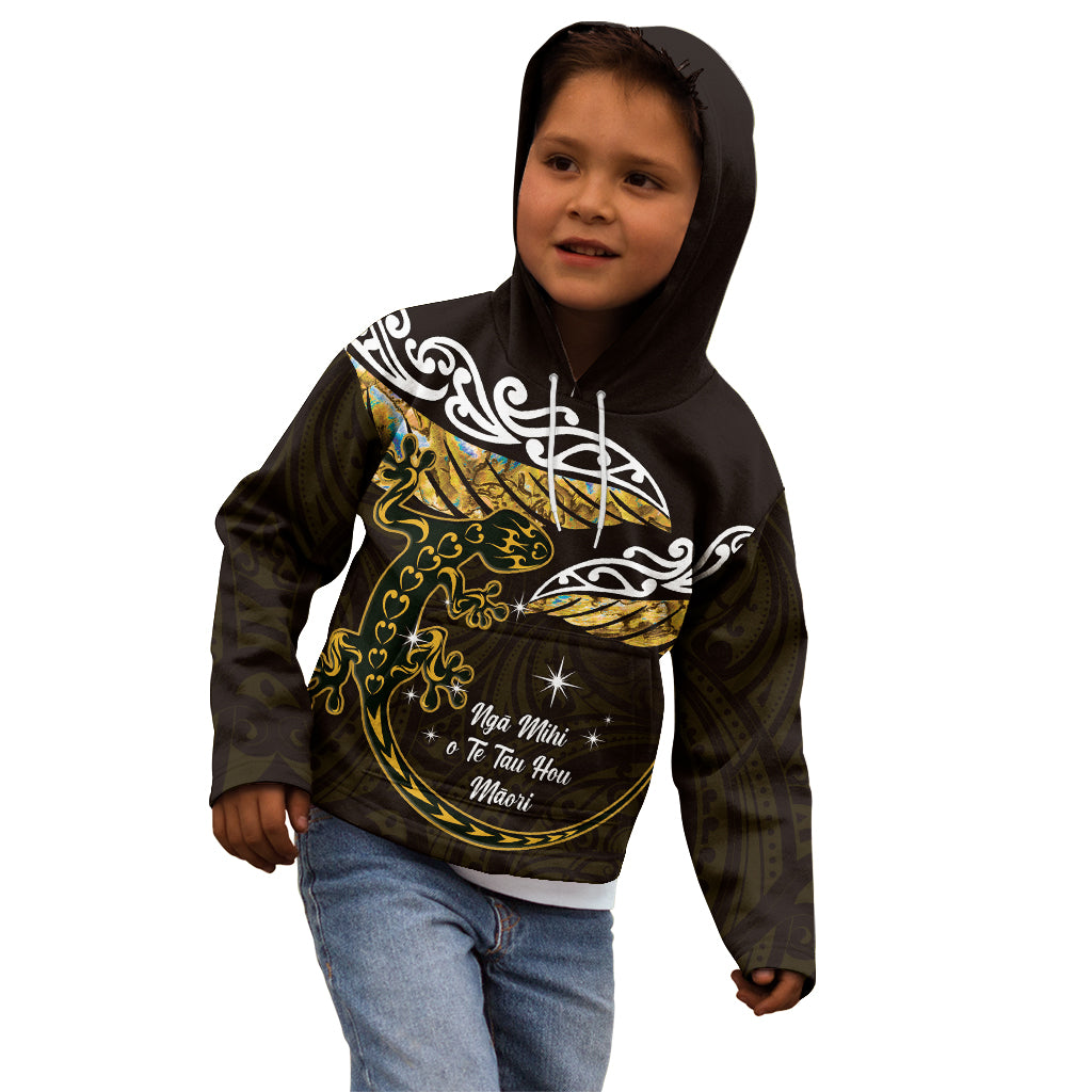 New Zealand Matariki Kid Hoodie Maori New Year Silver Fern And Lizard - Gold