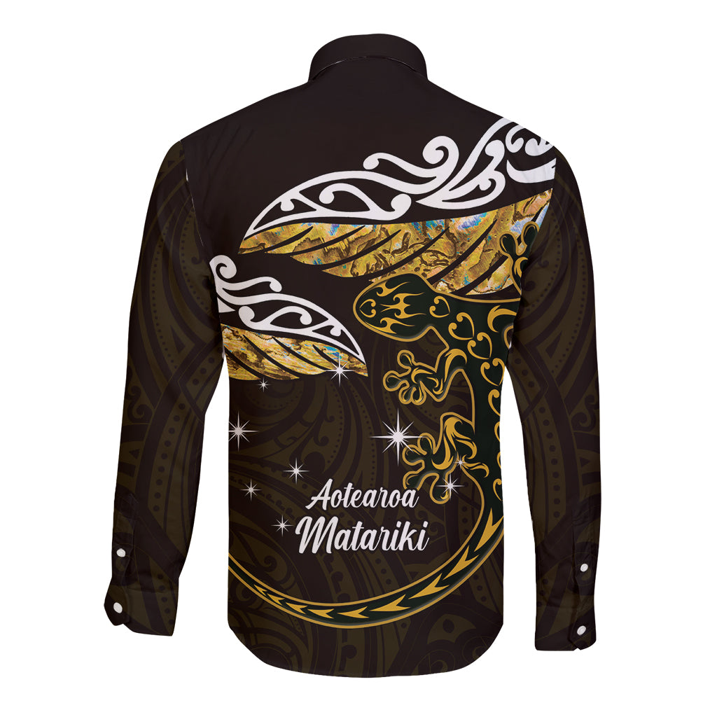 New Zealand Matariki Long Sleeve Button Shirt Maori New Year Silver Fern And Lizard - Gold LT14 - Polynesian Pride