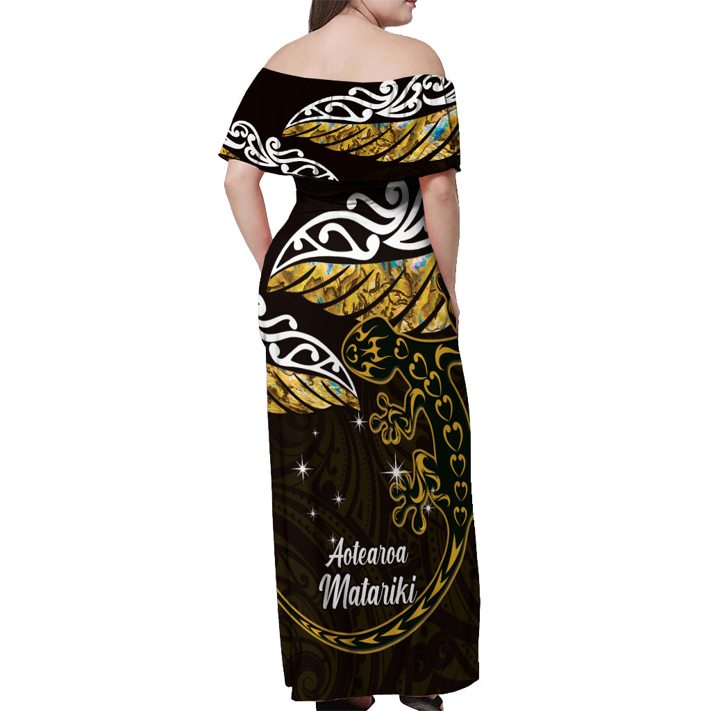 New Zealand Matariki Off Shoulder Maxi Dress Maori New Year Silver Fern And Lizard - Gold LT14 - Polynesian Pride