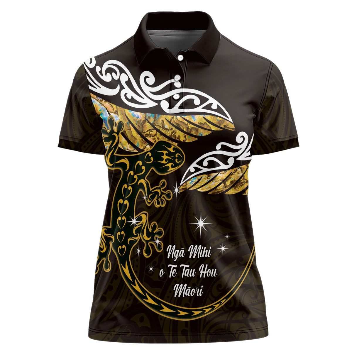 New Zealand Matariki Women Polo Shirt Maori New Year Silver Fern And Lizard - Gold