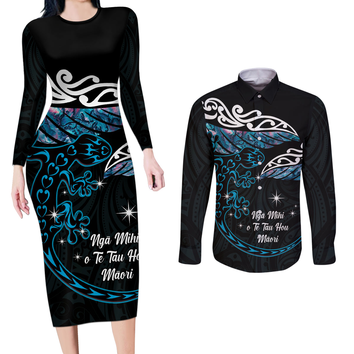 New Zealand Matariki Couples Matching Long Sleeve Bodycon Dress and Long Sleeve Button Shirt Maori New Year Silver Fern And Lizard - Turquosie LT14 Turquoise - Polynesian Pride