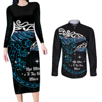 New Zealand Matariki Couples Matching Long Sleeve Bodycon Dress and Long Sleeve Button Shirt Maori New Year Silver Fern And Lizard - Turquosie LT14 Turquoise - Polynesian Pride