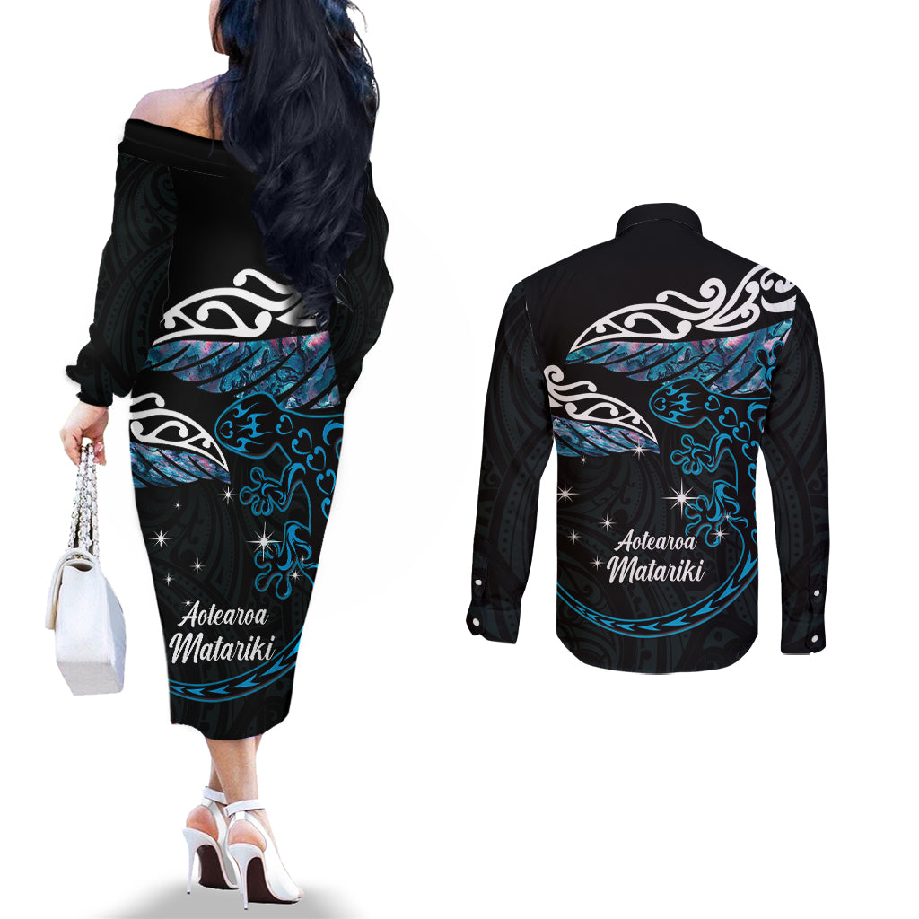 New Zealand Matariki Couples Matching Off The Shoulder Long Sleeve Dress and Long Sleeve Button Shirt Maori New Year Silver Fern And Lizard - Turquosie LT14 - Polynesian Pride