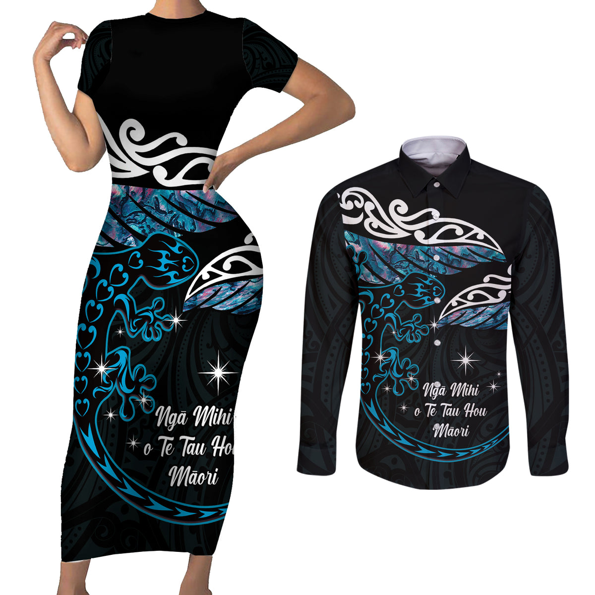New Zealand Matariki Couples Matching Short Sleeve Bodycon Dress and Long Sleeve Button Shirt Maori New Year Silver Fern And Lizard - Turquosie LT14 Turquoise - Polynesian Pride