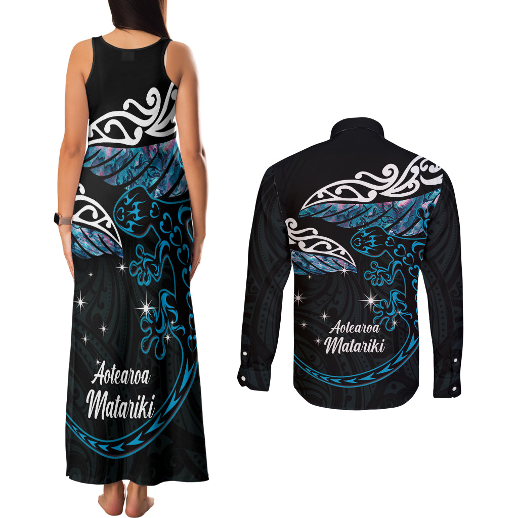 New Zealand Matariki Couples Matching Tank Maxi Dress and Long Sleeve Button Shirt Maori New Year Silver Fern And Lizard - Turquosie LT14 - Polynesian Pride