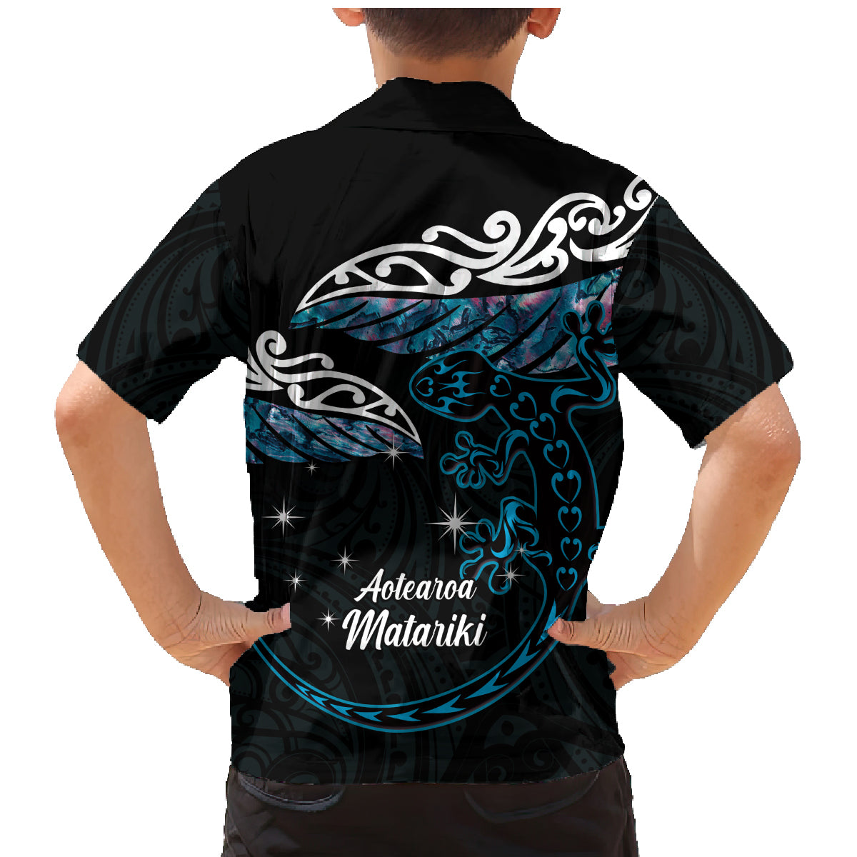 New Zealand Matariki Family Matching Mermaid Dress and Hawaiian Shirt Maori New Year Silver Fern And Lizard - Turquosie LT14 - Polynesian Pride