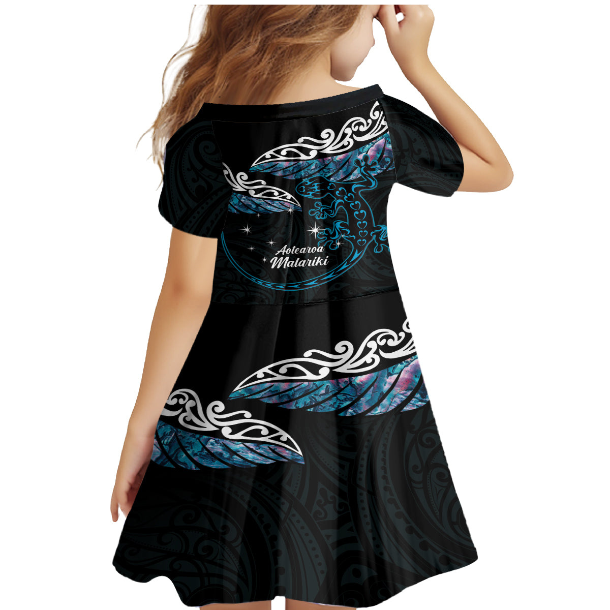 New Zealand Matariki Family Matching Mermaid Dress and Hawaiian Shirt Maori New Year Silver Fern And Lizard - Turquosie LT14 - Polynesian Pride