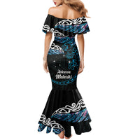 New Zealand Matariki Family Matching Mermaid Dress and Hawaiian Shirt Maori New Year Silver Fern And Lizard - Turquosie LT14 - Polynesian Pride