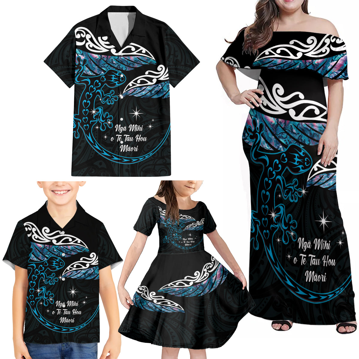 New Zealand Matariki Family Matching Off Shoulder Maxi Dress and Hawaiian Shirt Maori New Year Silver Fern And Lizard - Turquosie LT14 - Polynesian Pride