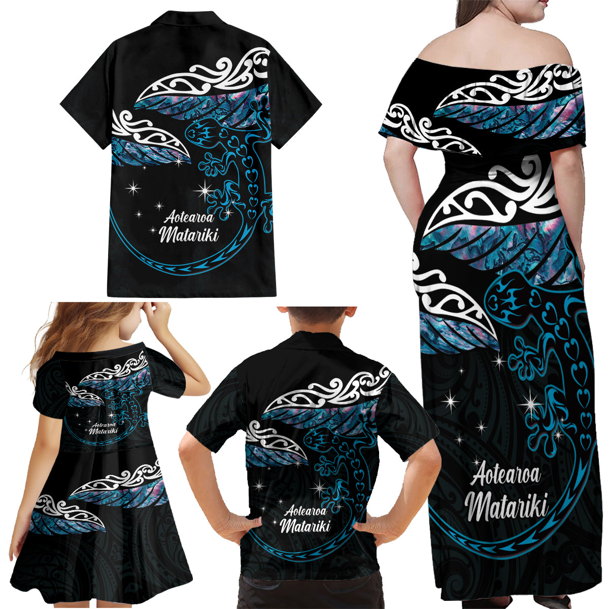 New Zealand Matariki Family Matching Off Shoulder Maxi Dress and Hawaiian Shirt Maori New Year Silver Fern And Lizard - Turquosie LT14 - Polynesian Pride