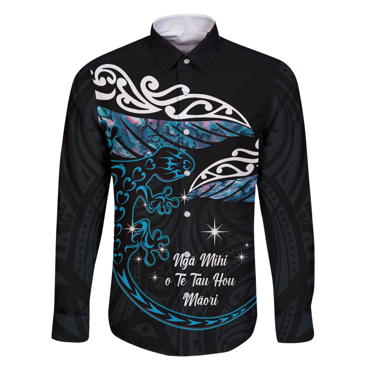 New Zealand Matariki Family Matching Off Shoulder Maxi Dress and Hawaiian Shirt Maori New Year Silver Fern And Lizard - Turquosie LT14 Dad's Shirt - Long Sleeve Turquoise - Polynesian Pride