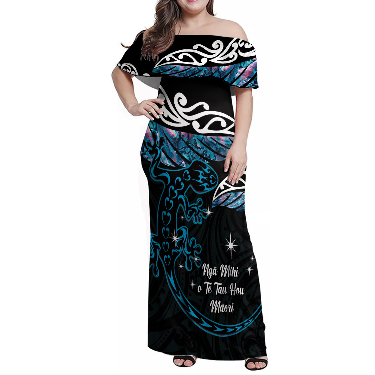 New Zealand Matariki Family Matching Off Shoulder Maxi Dress and Hawaiian Shirt Maori New Year Silver Fern And Lizard - Turquosie LT14 Mom's Dress Turquoise - Polynesian Pride